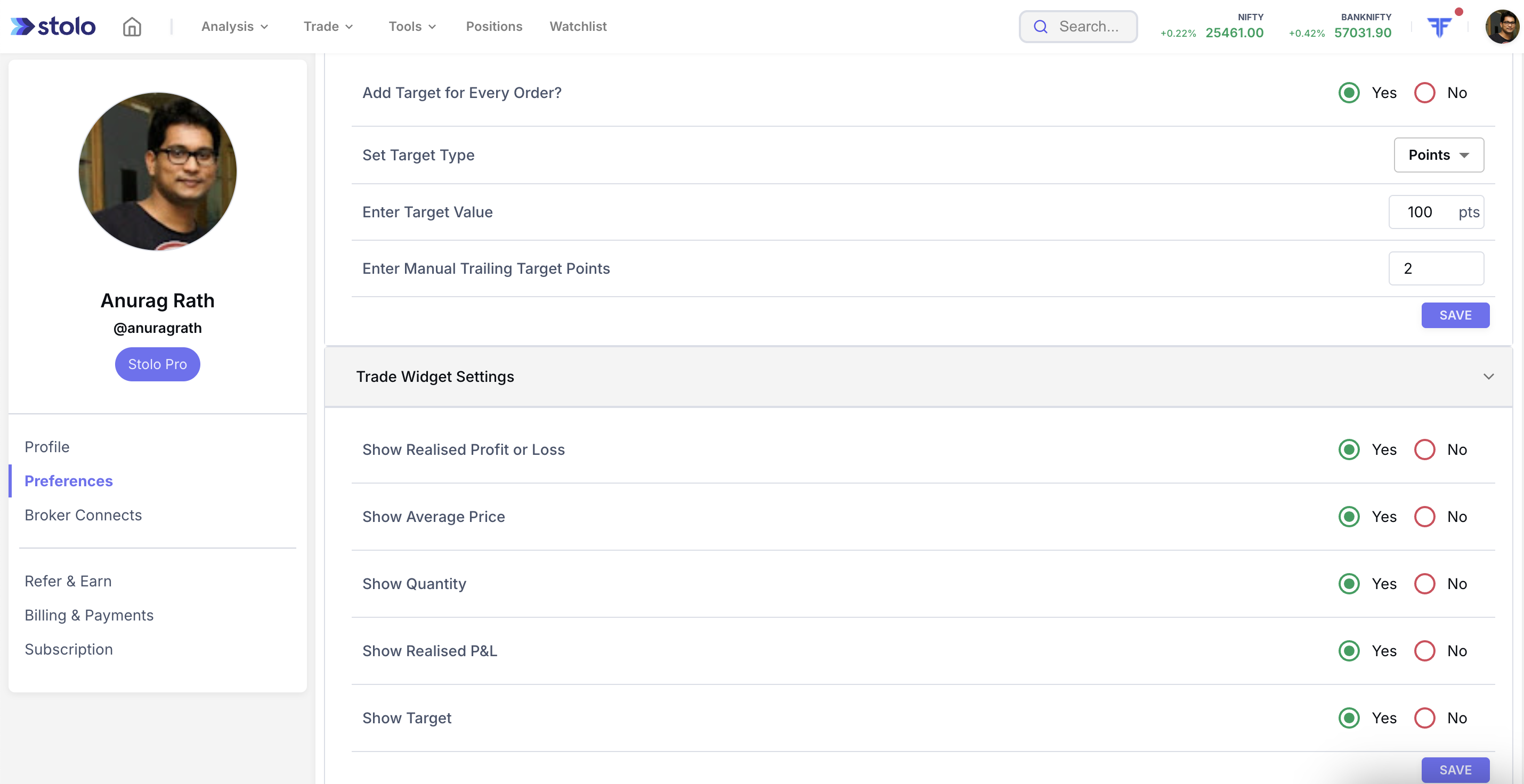 Preferences - Target Widget Settings in Stolo